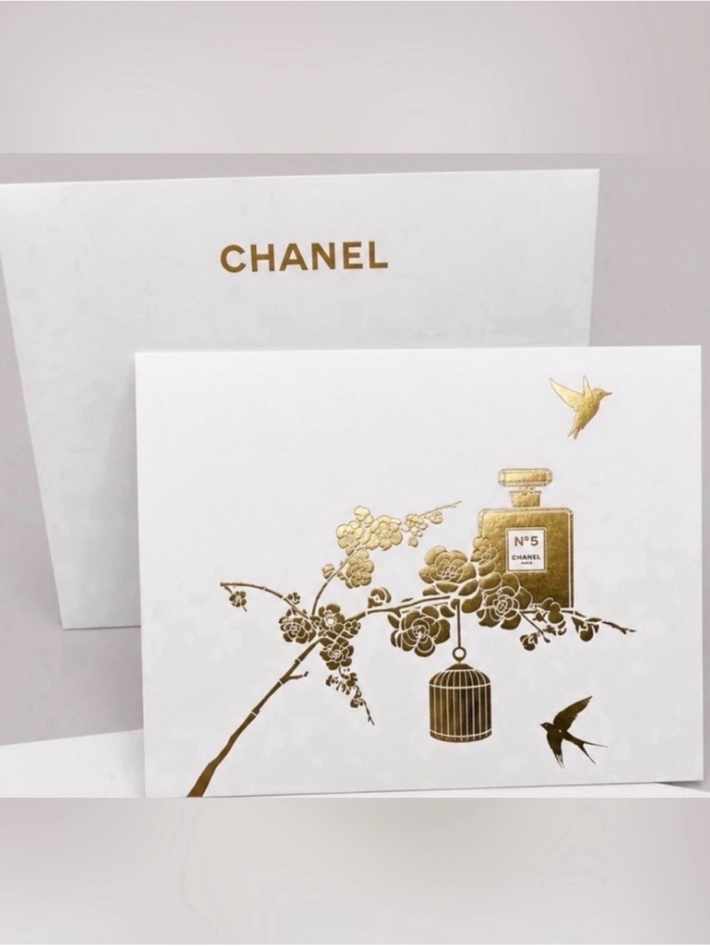 CHANEL Holiday Gold Foil Greeting Card & Envelope No. 5